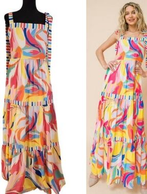 FLYING TOMATO Print and Stripes Tiered Maxi Dress with Tie Straps, Size Medium